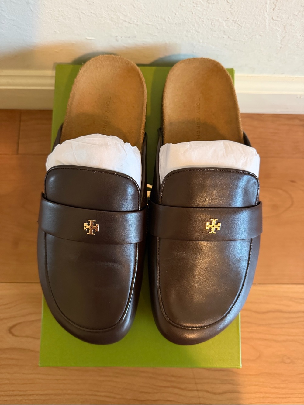 Tory Burch Women’s Dark Brown Leather Mules with Gold Logo NWT